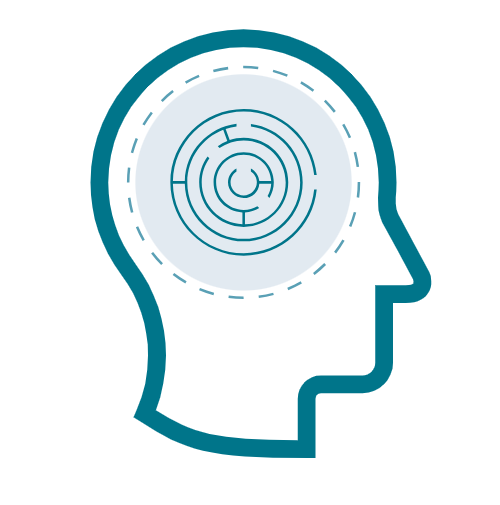A green icon of a human head, side-on, with a maze inside, representing neurodivergence.