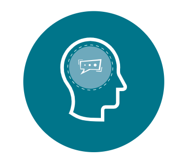 Image represents ADHD A stylised image of a human head, side on, inside a green circle. Inside the head is an image representing ADHD, an oblong speech box with 3 solid dots inside it.