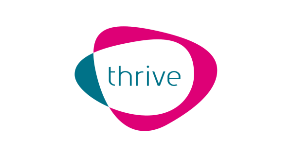 The word Thrive, surrounded by teal and pink arrow shapes
